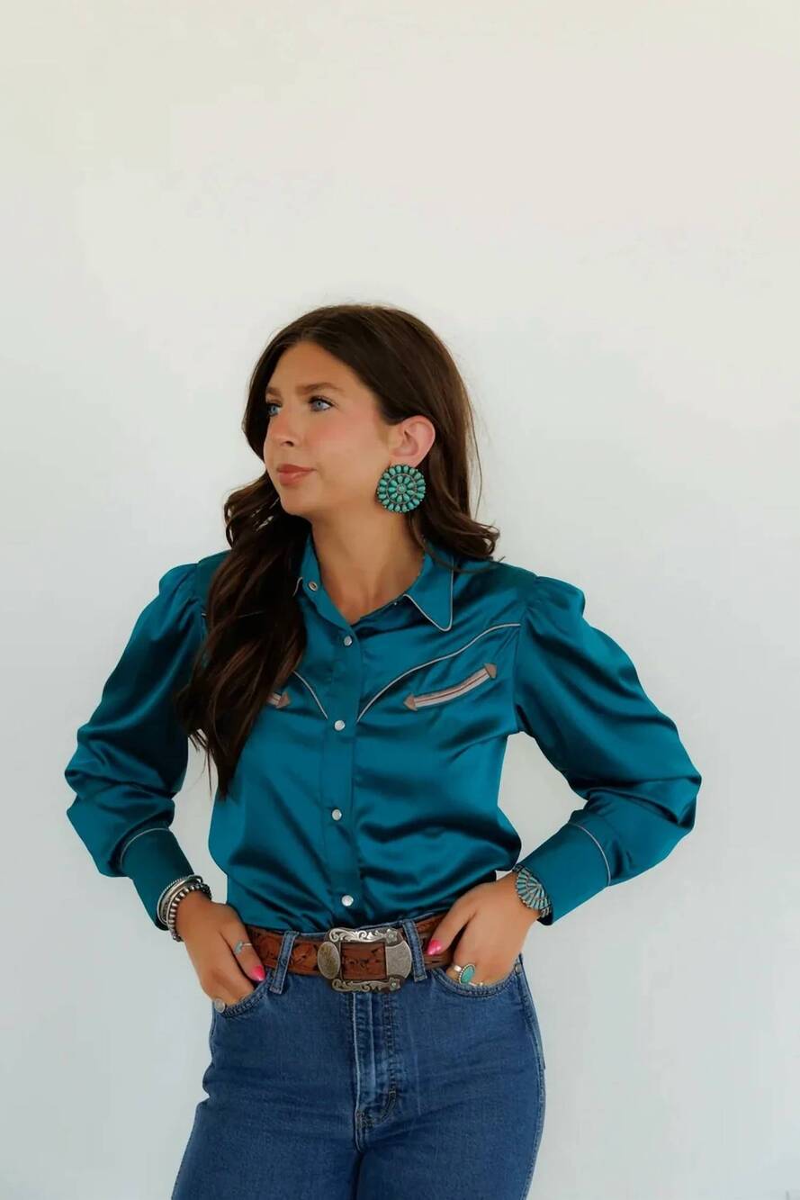 NEW HOWDY HANNY arrowpoint satin western blouse in turquoise teal